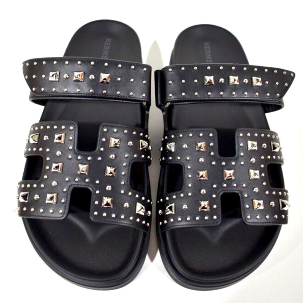 Hermes Chypre Sandal Black Studded Stud Punk Rock H Logo Strap Slide Flat 38.5